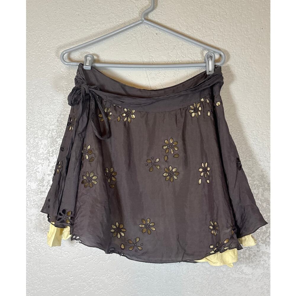 Y2K Tara Jarmon Silk Mini Skirt Brown Flowy Short Mall Girl Floral Womens Medium